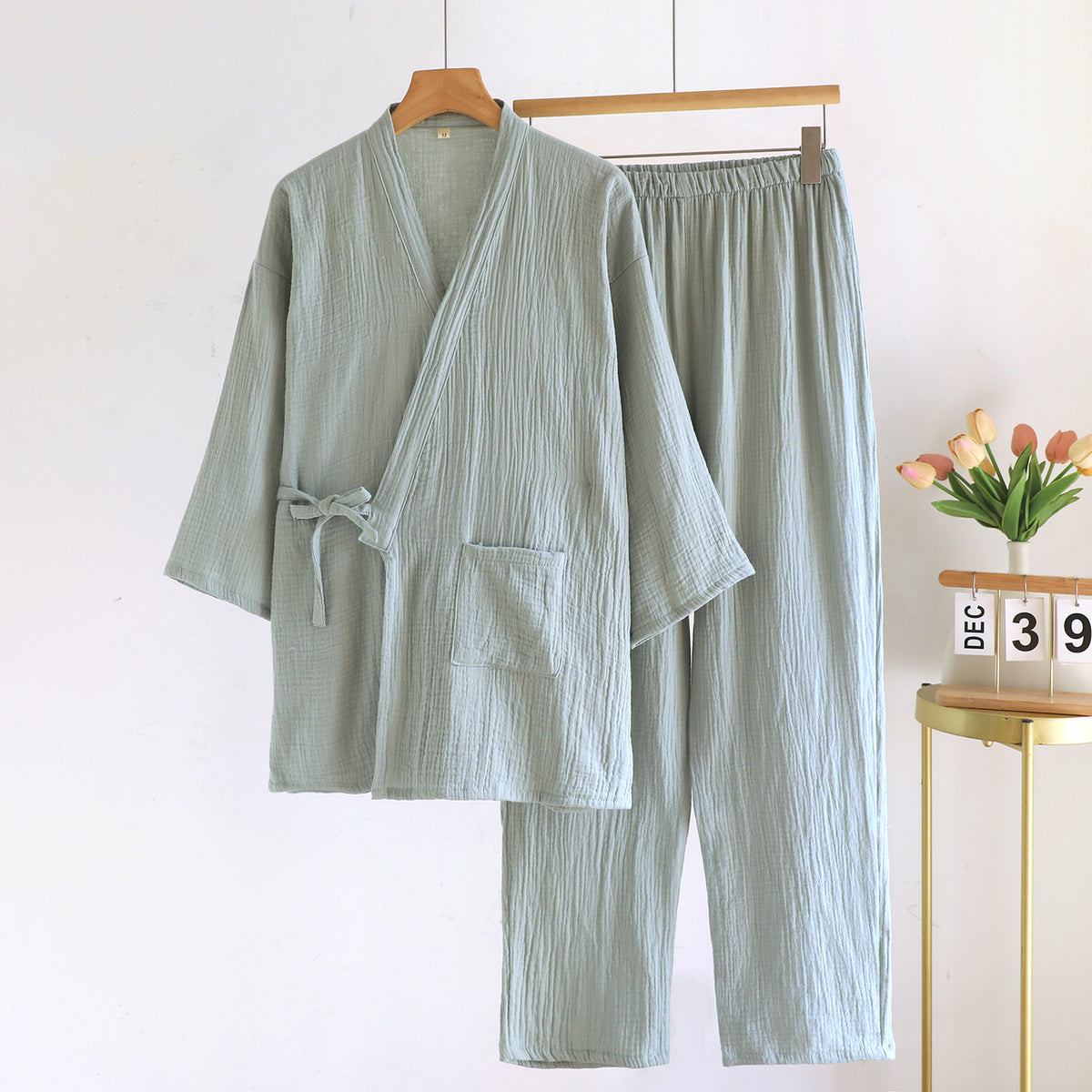 Green women's style kimono style cotton gauze pajama set with side tie and patch pocket, size L variant image