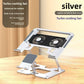 Silver laptop stand with two round fans in a slatted plate and a fold-out phone holder, Silver Fan option