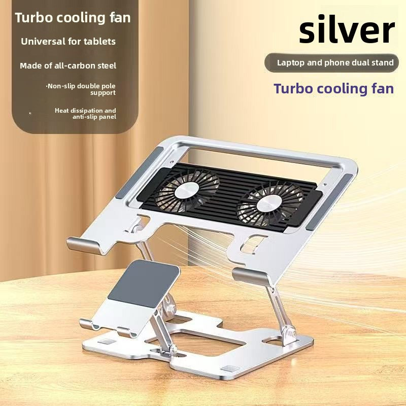 Silver laptop stand with two round fans in a slatted plate and a fold-out phone holder, Silver Fan option