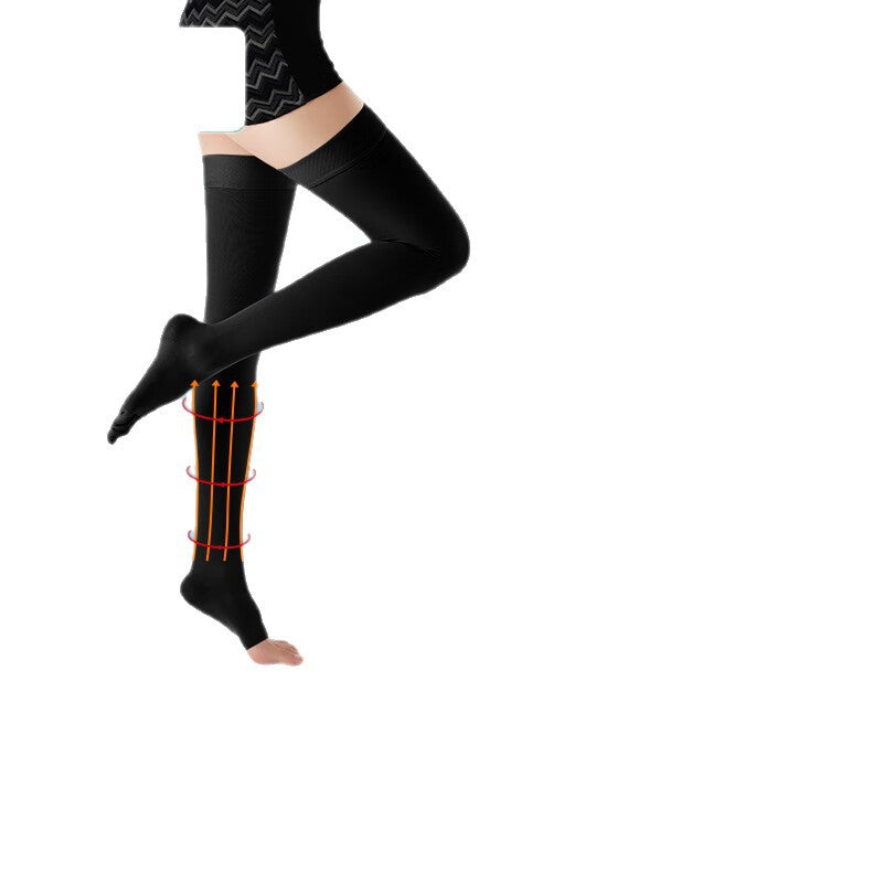 Open toe thigh high compression stocking worn on a raised leg showing gradient pressure