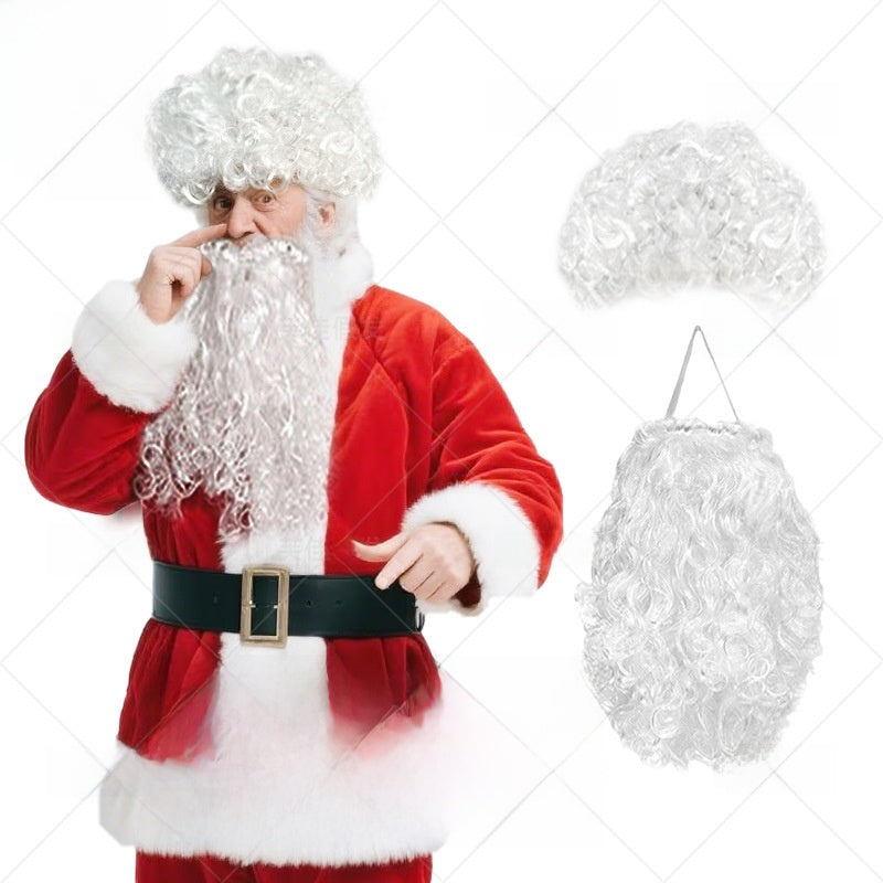 White curly synthetic Santa Claus costume wig and matching beard set on a costumed model