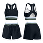 Racerback swim tank top with a cream and bright color block band across the hem, close athletic fit