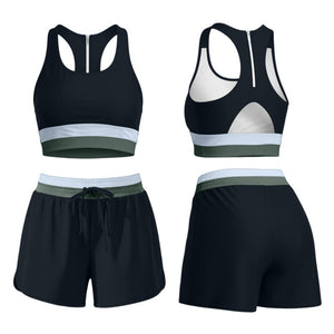 Racerback swim tank top with a cream and bright color block band across the hem, close athletic fit