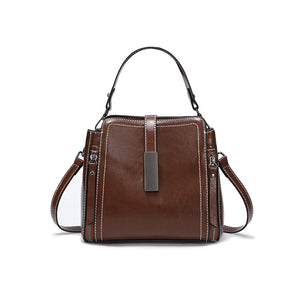 Caramel vintage leather crossbody bucket bag front view
