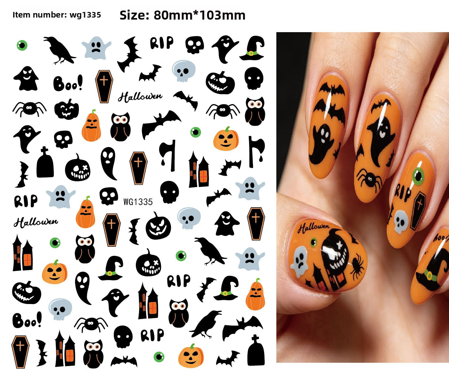 Halloween nail art with cartoon skeleton and monster face designs