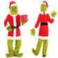 Front and back views of the red Santa coat, green fur pants, gloves, foot covers and hooded hat