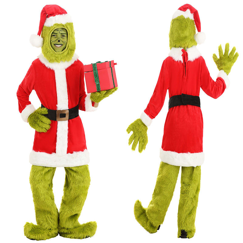 Front and back views of the red Santa coat, green fur pants, gloves, foot covers and hooded hat