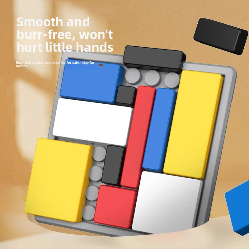 Close up of the smooth rounded plastic puzzle blocks in red, blue and yellow
