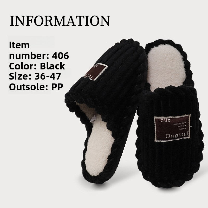 Black ribbed plush slippers on a light information panel listing sizes 36-47, image of the 36-37 option