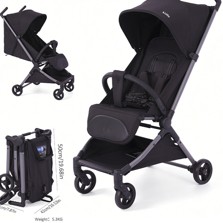Black lightweight travel stroller open with canopy and folded compact beside it