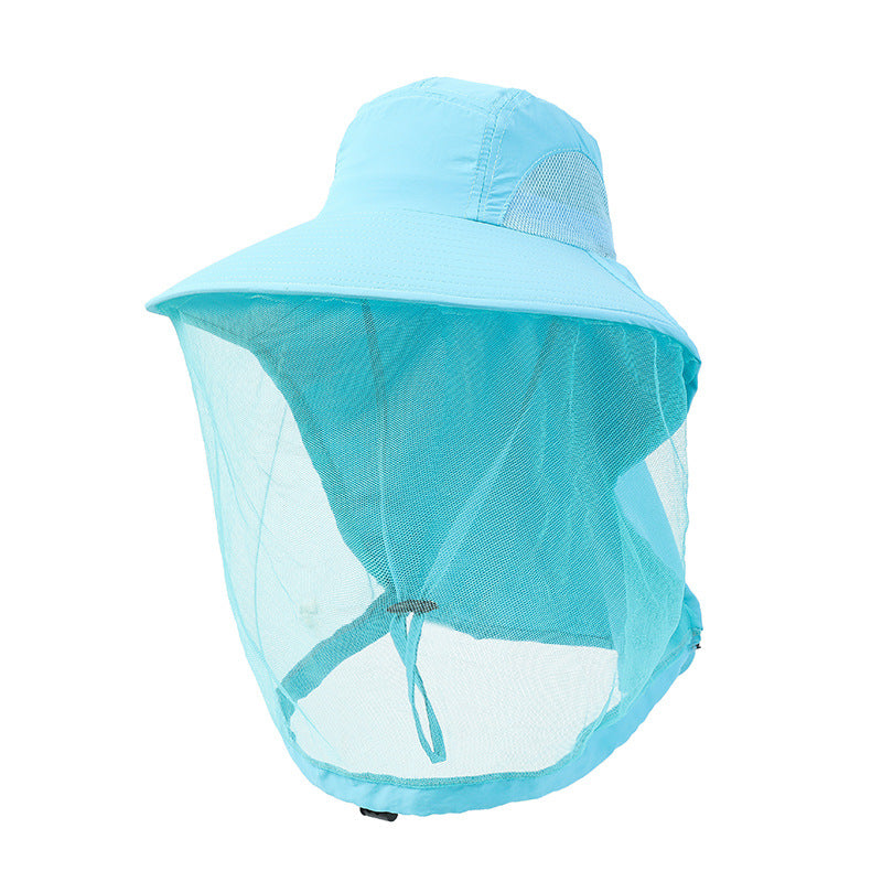 Outdoor sun hat with the mesh net down over the face and neck
