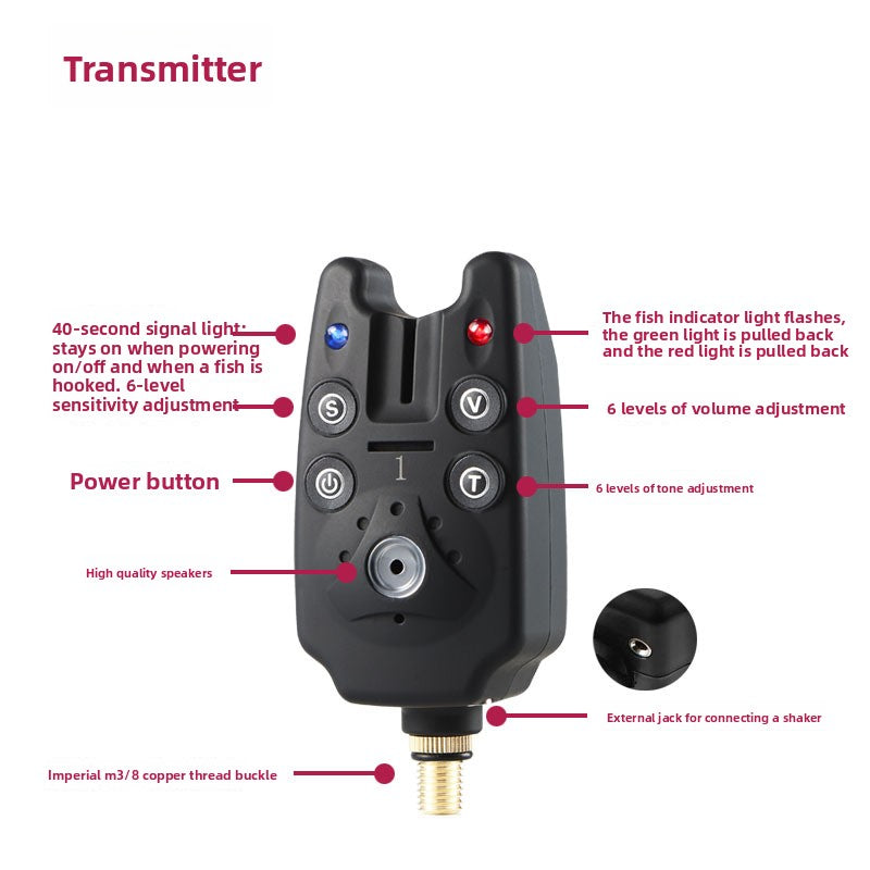 Fishing bite alarm with sensitivity, volume and tone buttons