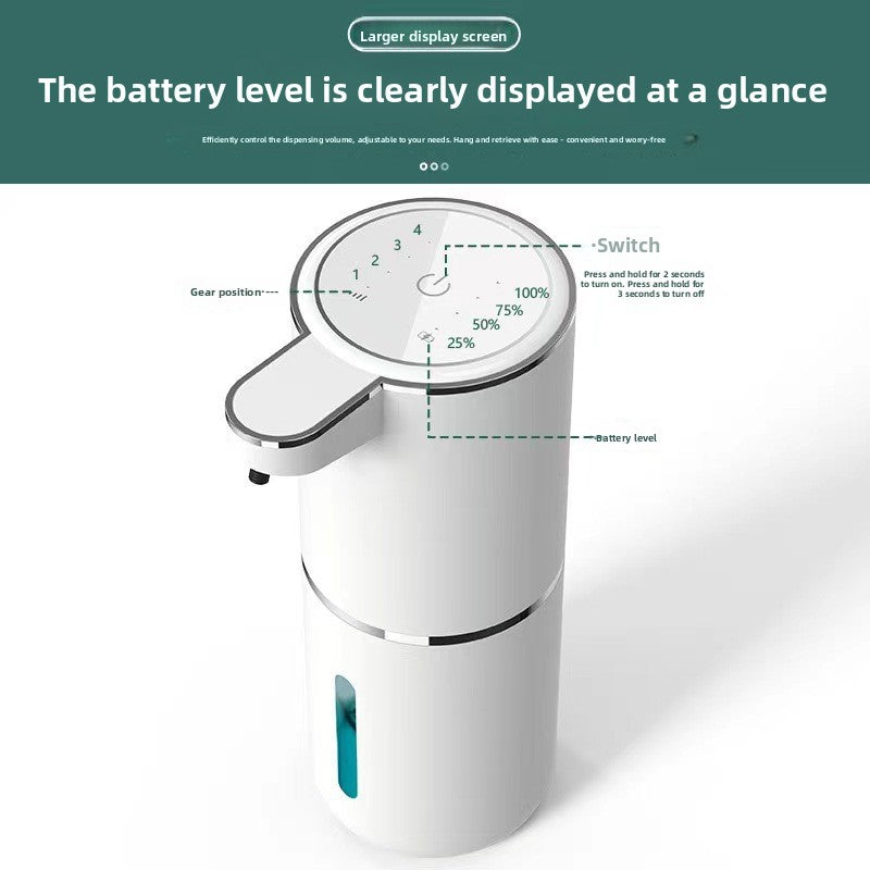 White soap dispenser with callouts for the touch switch, gear position display and battery level display on top