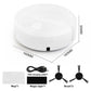 White robotic sweeper with its retail box, a size chart, a mop cloth, tape and a USB cable