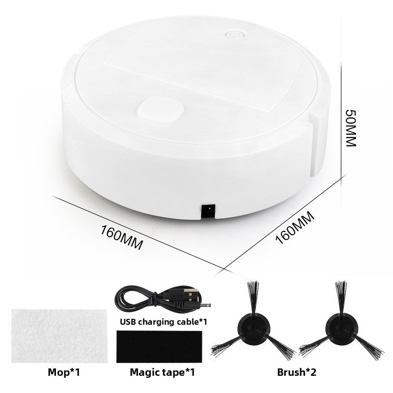 White robotic sweeper with its retail box, a size chart, a mop cloth, tape and a USB cable