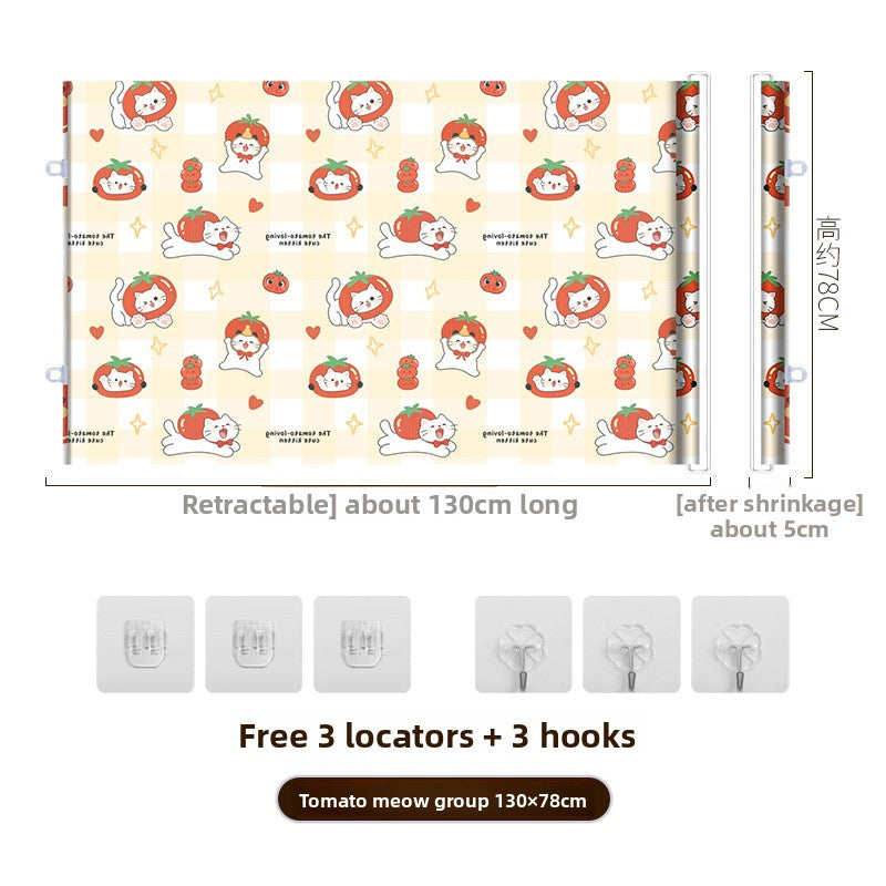Roll up pet gate printed with cartoon cats in tomato hats, 130 cm wide, with locators and hooks