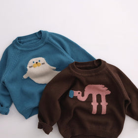 Kids Cotton Knit Sweater with Seal or Flamingo Motif