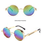 Front view of the round steampunk sunglasses with a full metal rim and tinted lenses