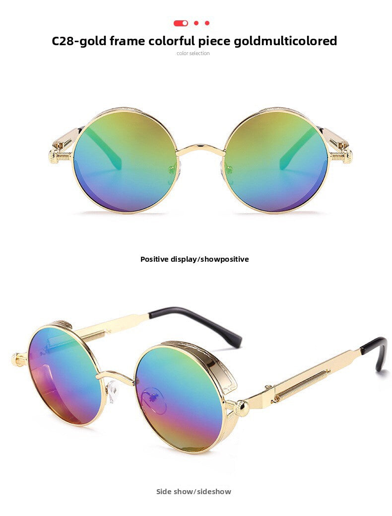 Front view of the round steampunk sunglasses with a full metal rim and tinted lenses