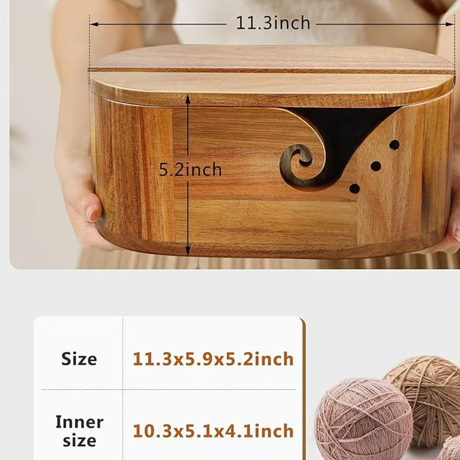 Acacia yarn bowl with lid held in two hands beside a maker size panel in inches