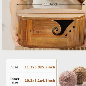 Acacia yarn bowl with lid held in two hands beside a maker size panel in inches