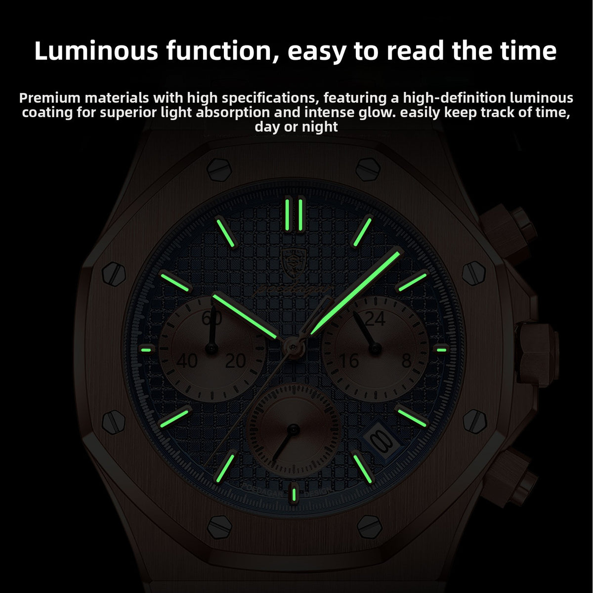 Close-up of the quartz watch dial markers and polished steel case edge