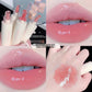 Glossy lip swatches of the rosy shade with a hand swatch beside four lip glaze tubes