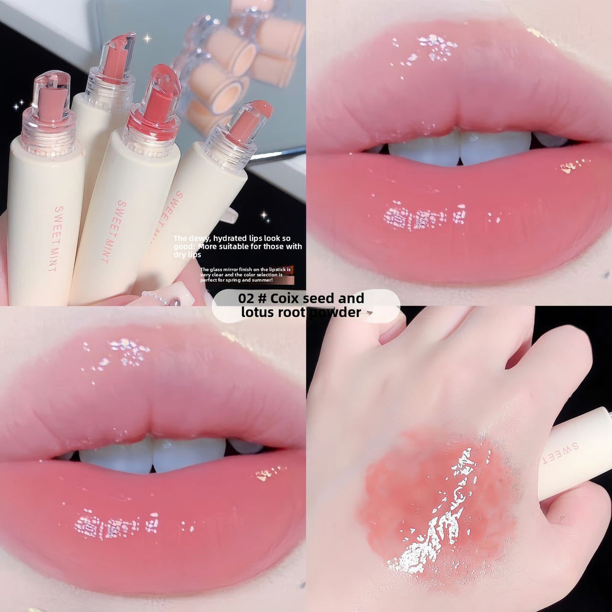 Glossy lip swatches of the rosy shade with a hand swatch beside four lip glaze tubes