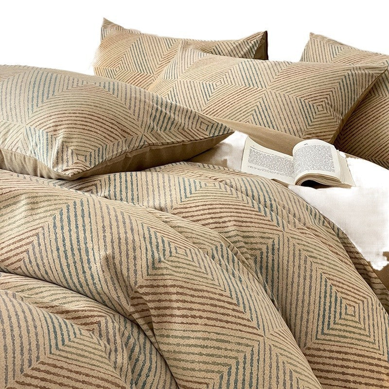 Brushed cotton bedding set styled on a made bed in a bedroom