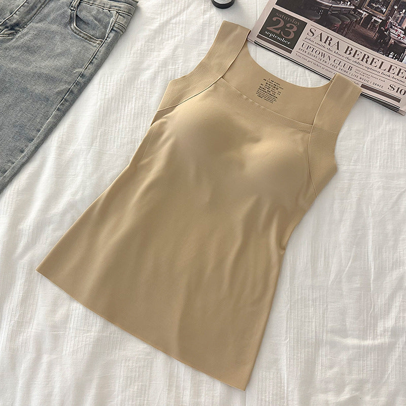 Nude beige seamless nylon square neck tank top, flat lay on white bedding with jeans, size 5XL option photo