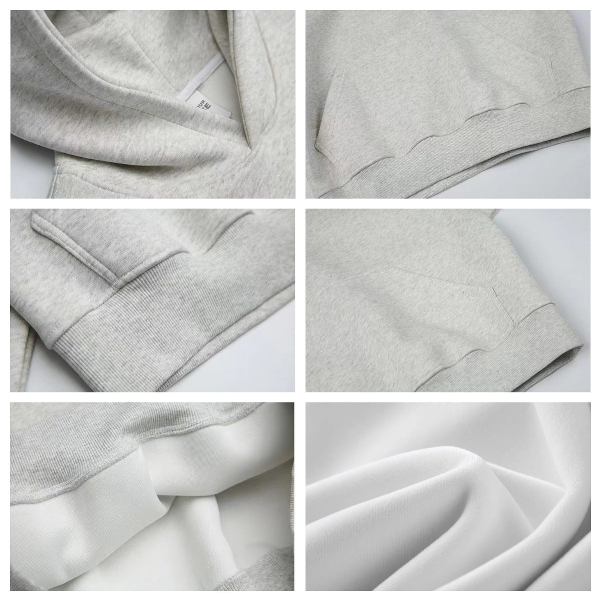 Six close ups of the light gray hoodie: hood opening, ribbed hem, pocket, cuff and soft white inner fabric