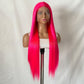 Long straight rose pink synthetic lace front wig on a mannequin head, slightly turned front view