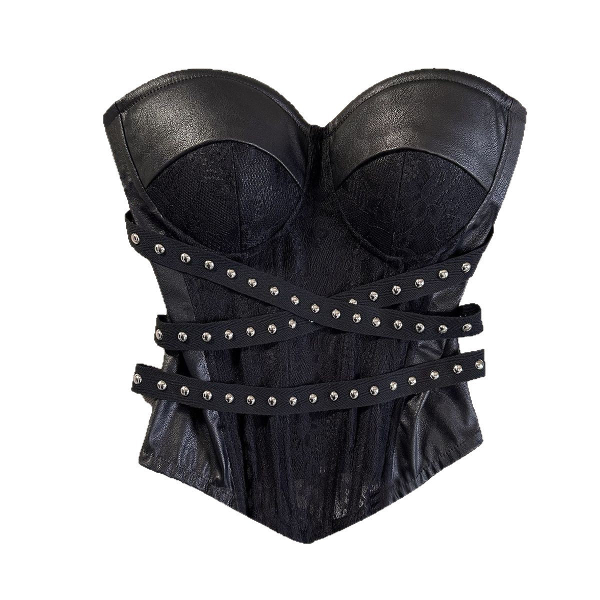 Faux leather look and lace texture on the black boned bustier corset top panels