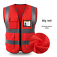 Bright red knit reflective work vest with gray reflective strips and zip front