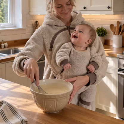 Beige teddy fleece hoodie with brown trim, a mother stirring a bowl in a kitchen with a baby at her chest