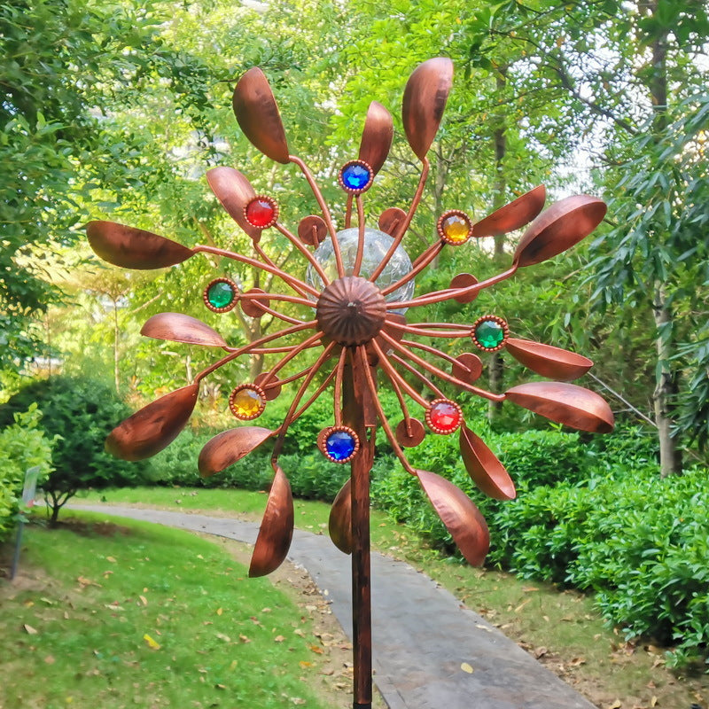 Front view of the 188cm solar metal wind spinner garden stake
