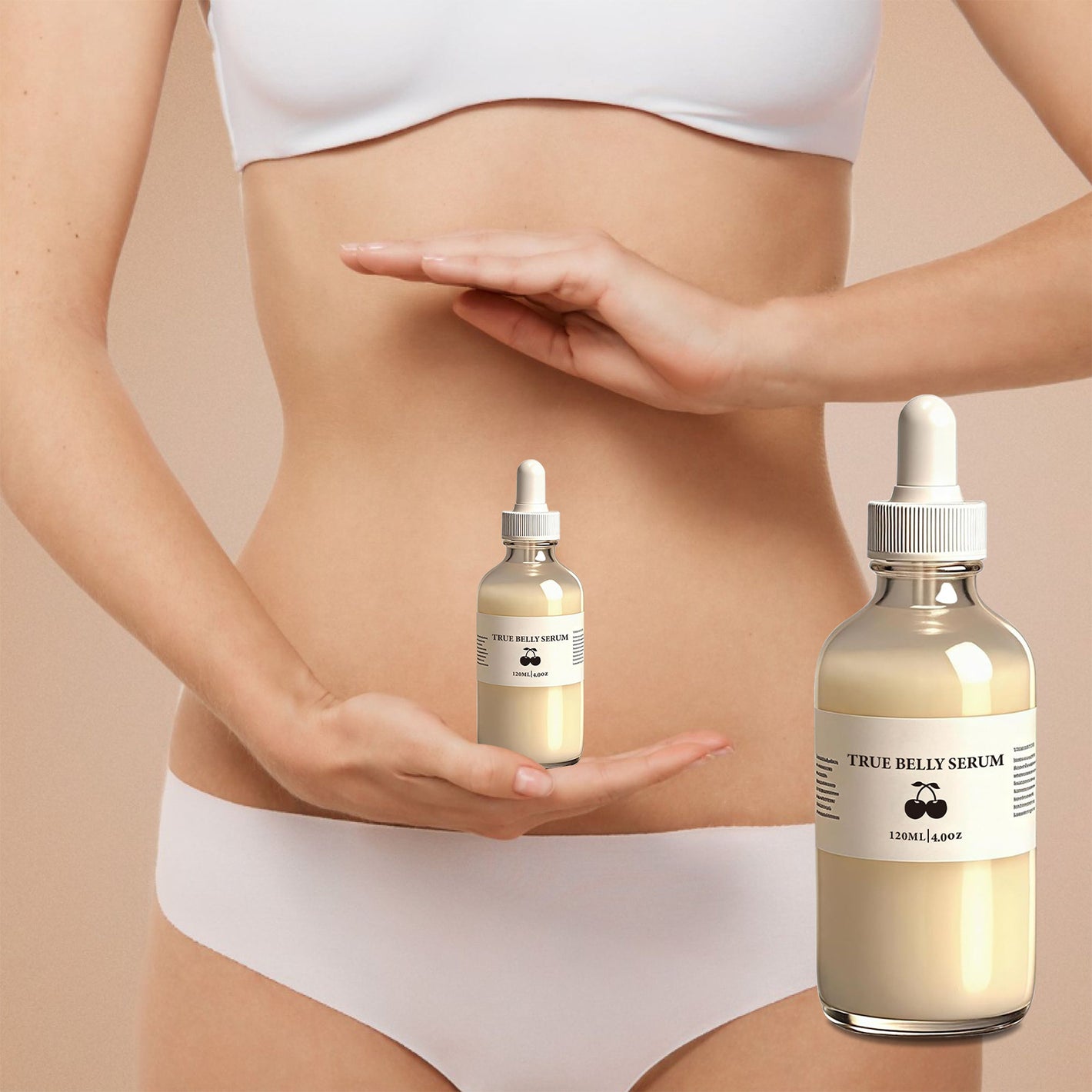 True Belly Serum pale cream oil in glass dropper bottles held at a woman's midriff, large and travel sizes