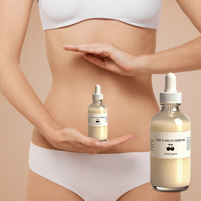 True Belly Serum pale cream oil in glass dropper bottles held at a woman's midriff, large and travel sizes