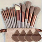 13 piece makeup brush set, makeup brushes fanned out with coffee tone handles