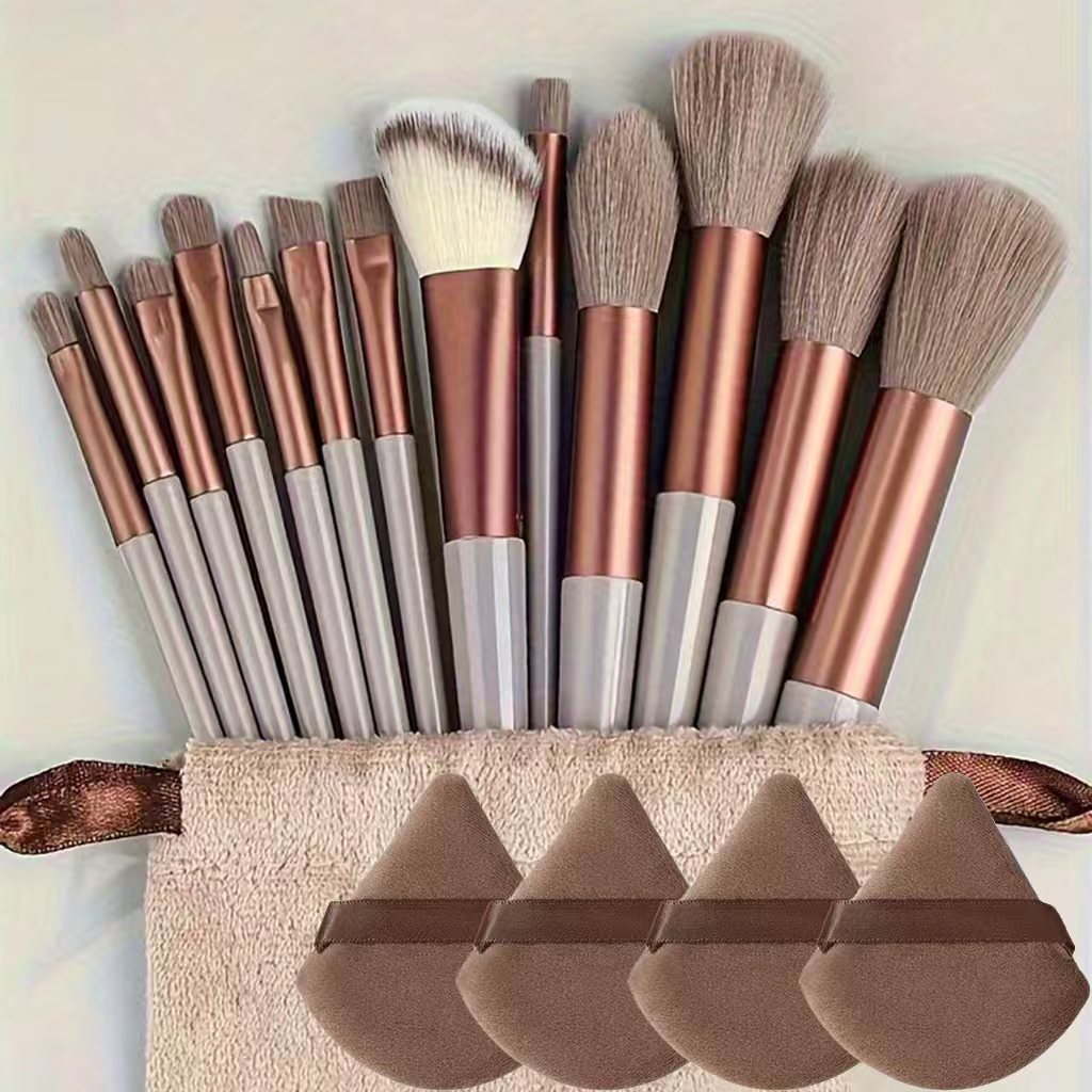 13 piece makeup brush set, makeup brushes fanned out with coffee tone handles
