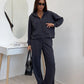 Dark gray zip front hooded sweatshirt and wide leg trousers set, Dark gray color, worn by a model, the Size S option