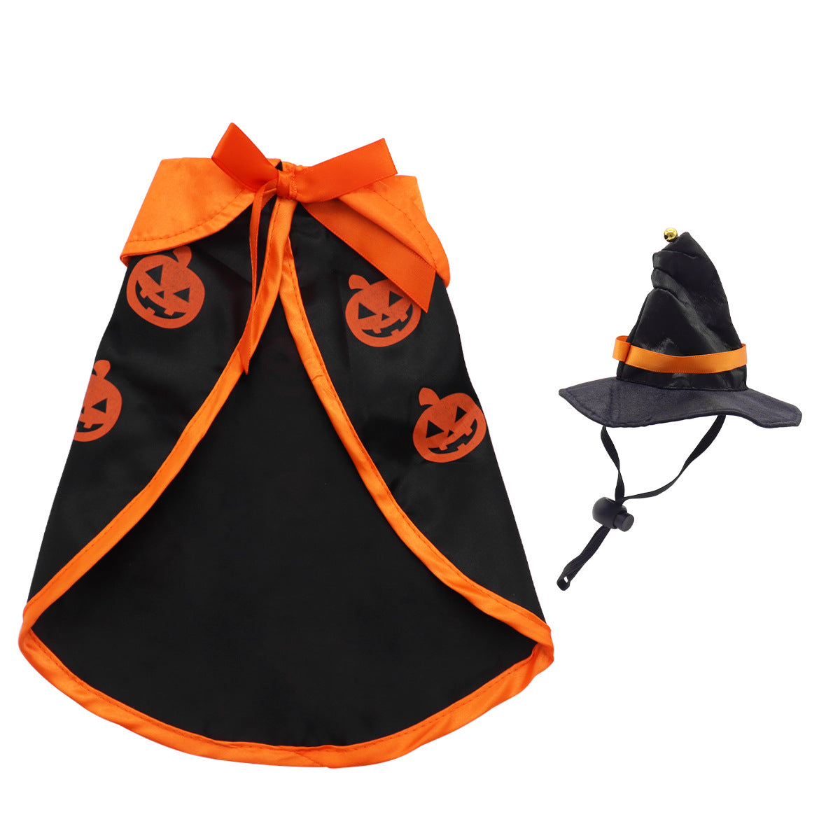 Black satin style dog cape with orange jack o lantern print and a matching pointed witch hat