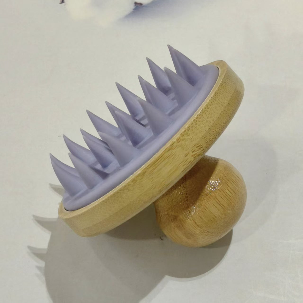 Purple bamboo and silicone shampoo scalp brush with flexible massage tips