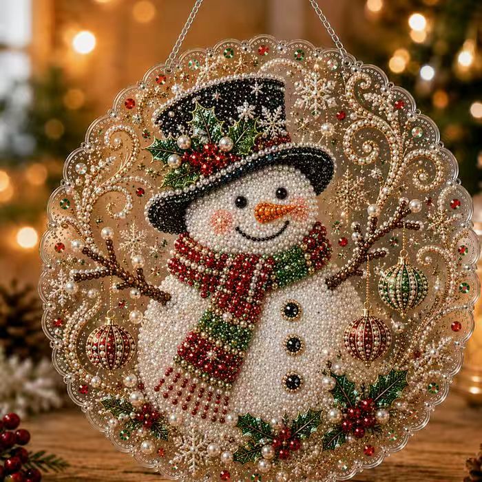 Beaded Christmas ornament with a hanging string on a clear acrylic disc