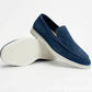 Blue suede slip-on loafer with a rounded toe and a thick pale sole, size 40 option