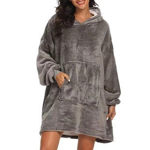 Gray thickened flannel hooded wearable blanket with front pocket, size 90x120 cm 750 g