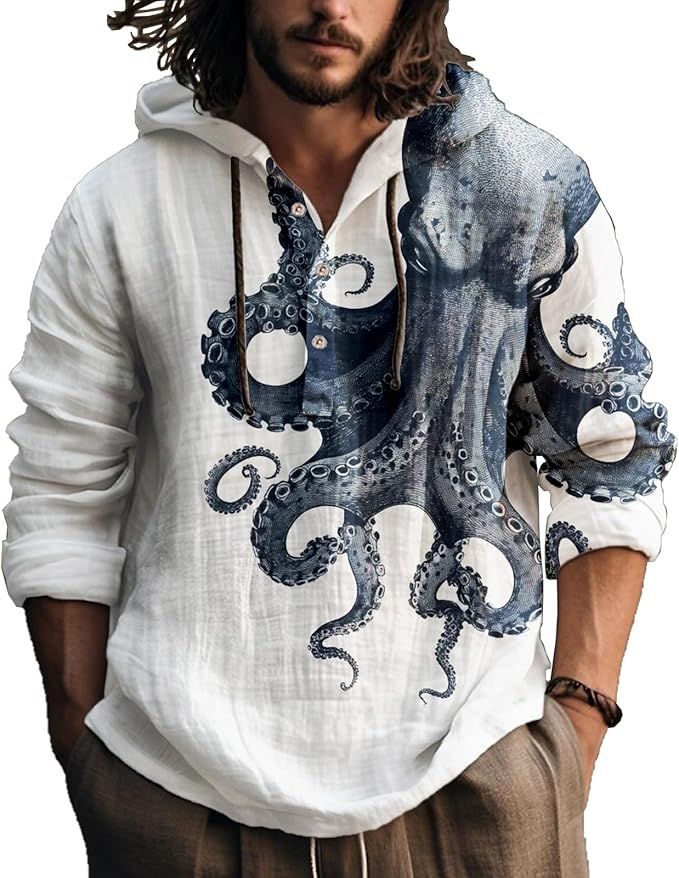 Hooded henley shirt, white shirt with a large navy octopus, size 2XL