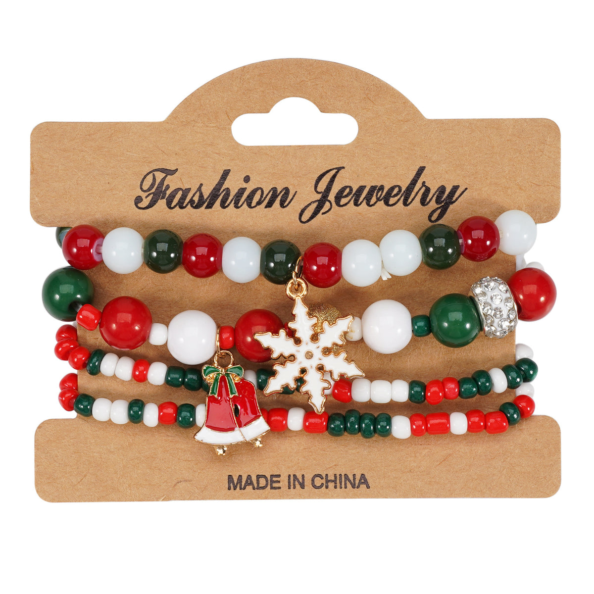 Mixed color Christmas bracelet set on a Fashion Jewelry card with snowflake and bell charms