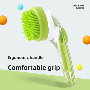 Green pet bath massage brush with clear soap chamber and soft bristle head