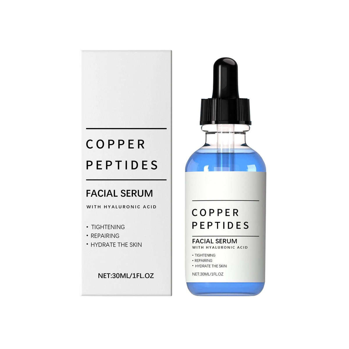 Facial serum dropper releasing a drop of the light blue hyaluronic acid and copper peptides fluid
